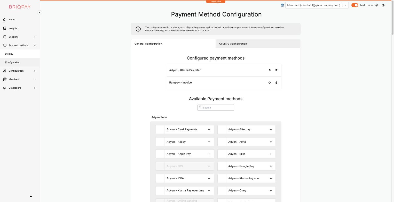 Payment methods configuration screen in the Merchant Portal