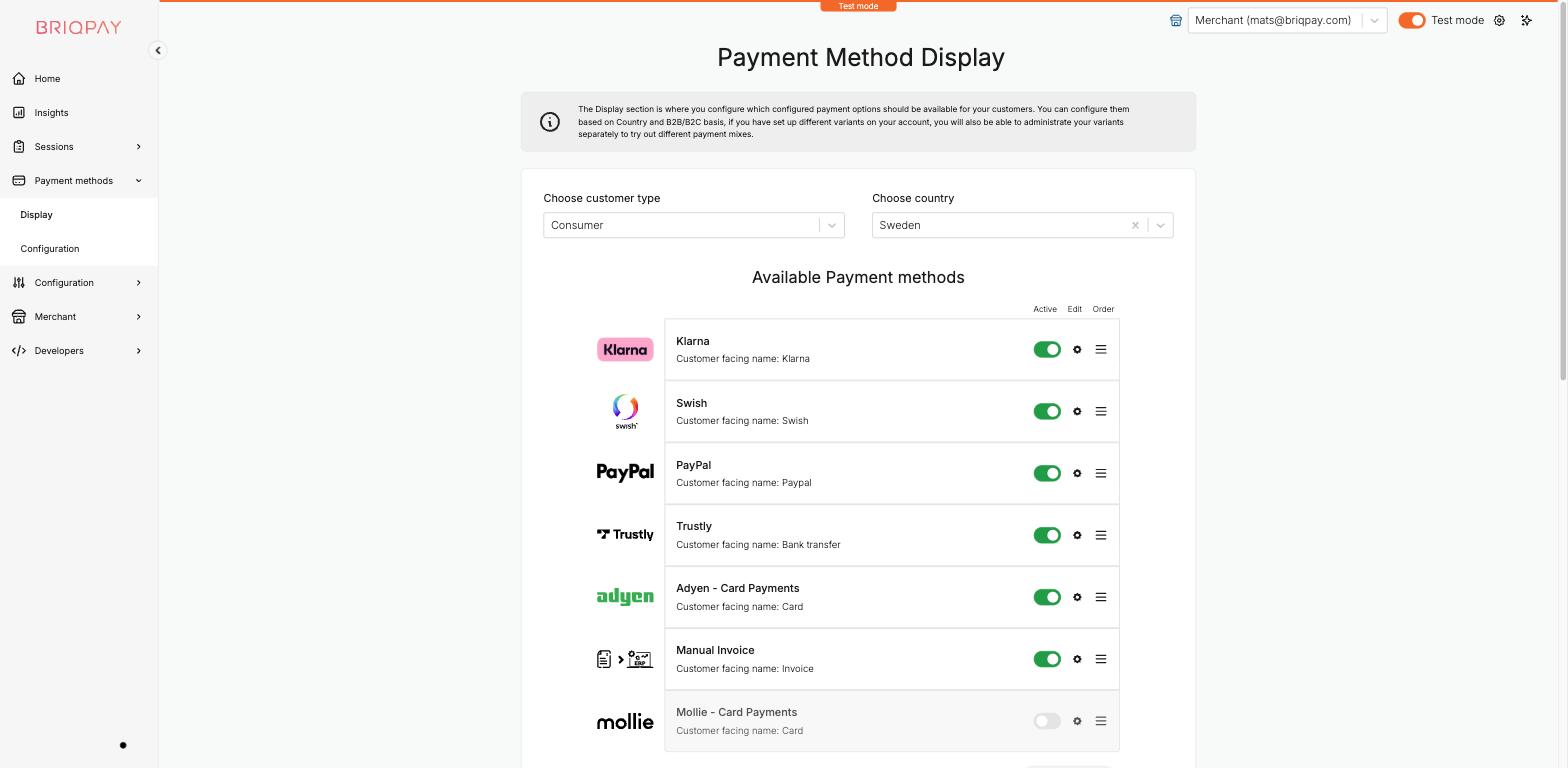 Payment methods display settings, where you choose what customers see at checkout