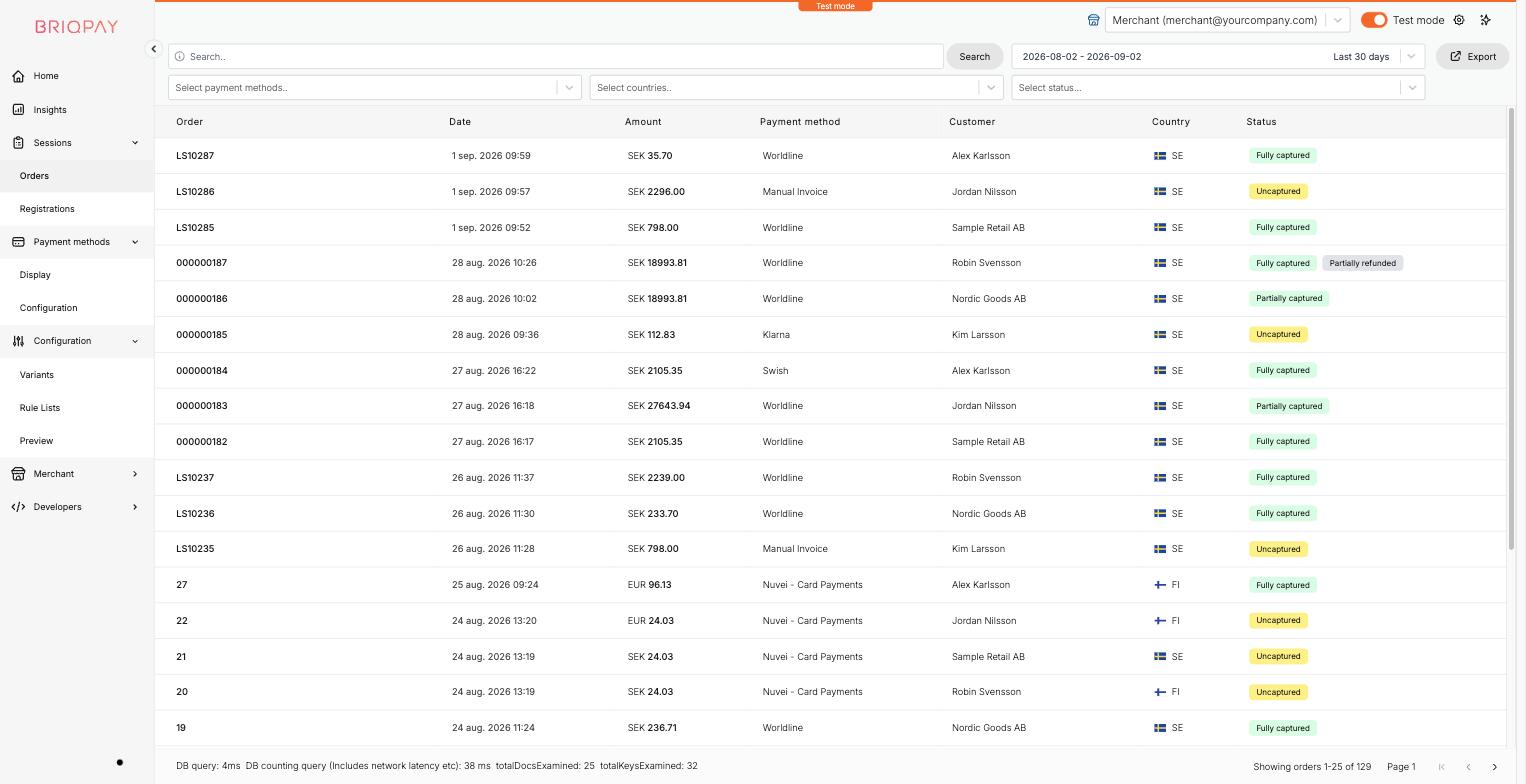 Orders list in the Merchant Portal with filters and status columns