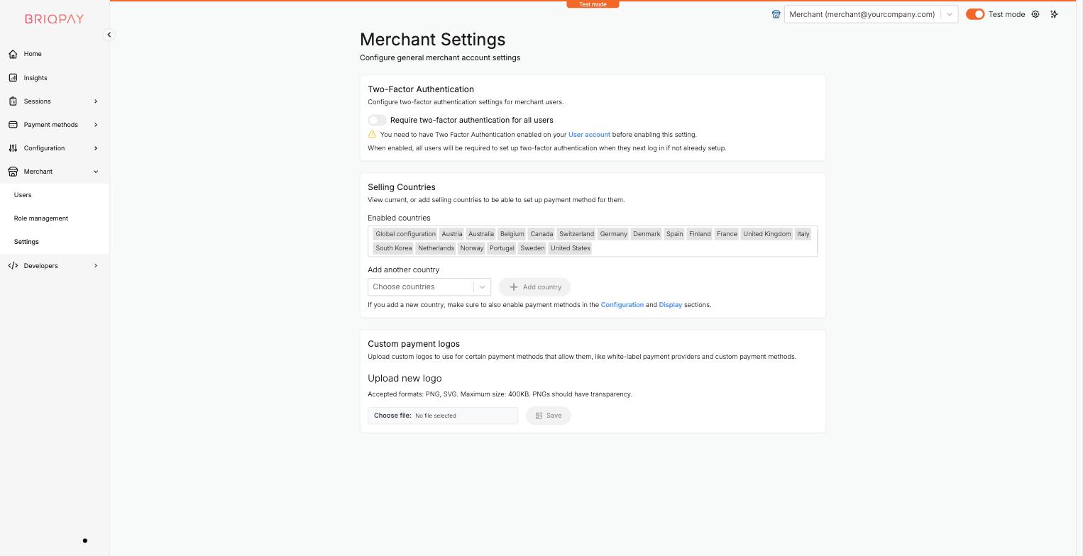 Personal user settings page in the Merchant Portal